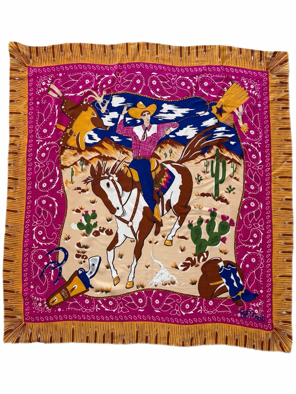 Vintage Bob Mackie 100% Silk Cowboy Horse Western Scarf 33x35 Made in Japan